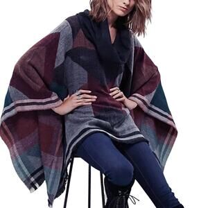 Free People Scotty Border Stripe Bohemian Boho Cowlneck Knit Poncho Sweater OS